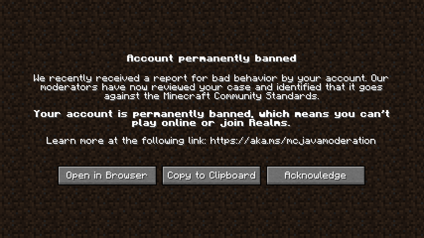 The screen that shows the player has permanently been banned from online play