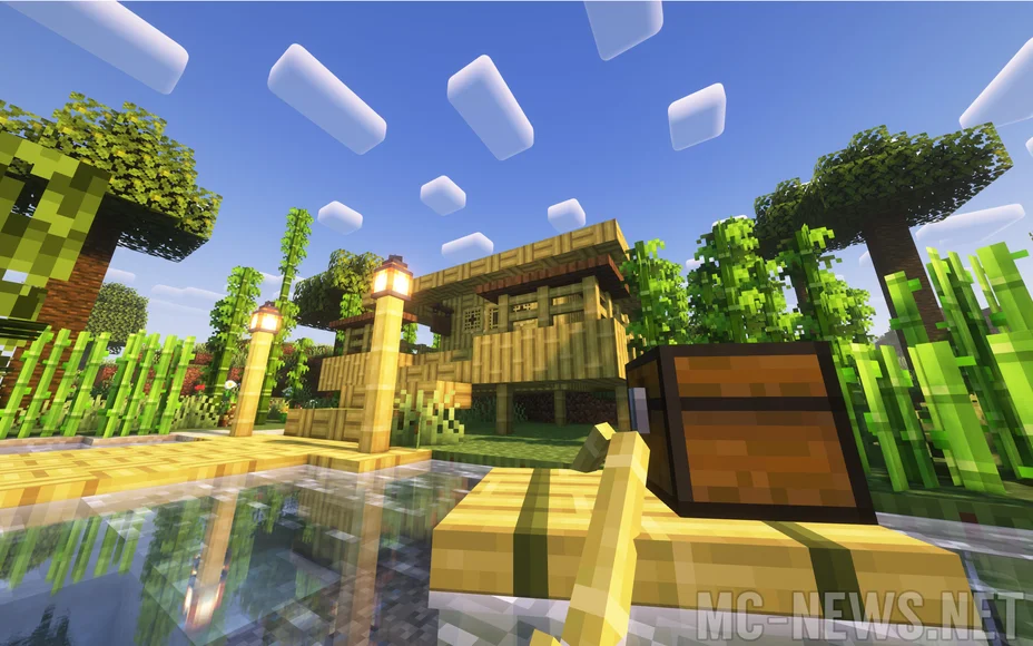 A luxurious bamboo house in Minecraft near a river with a bamboo raft in the foreground