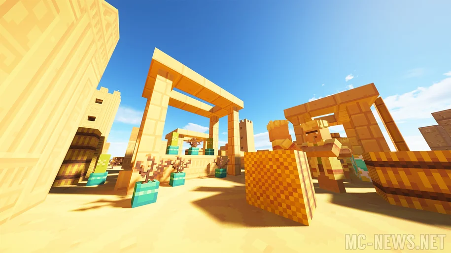 A desert village in Minecraft with Dandelion X textures